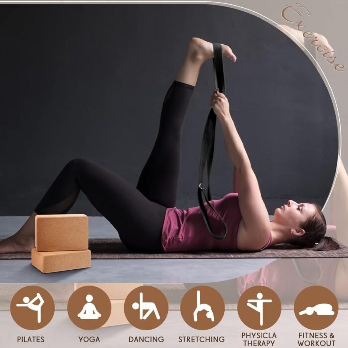 Liliful 2 Pack Cork Yoga Block with Strap and 5 Pcs Resistance Bands Exercise Bands 9 x 6 x 3 Inch Natural Yoga Block Set for Women Men Exercise Stretching Fitness Workout Pilates - Image 5