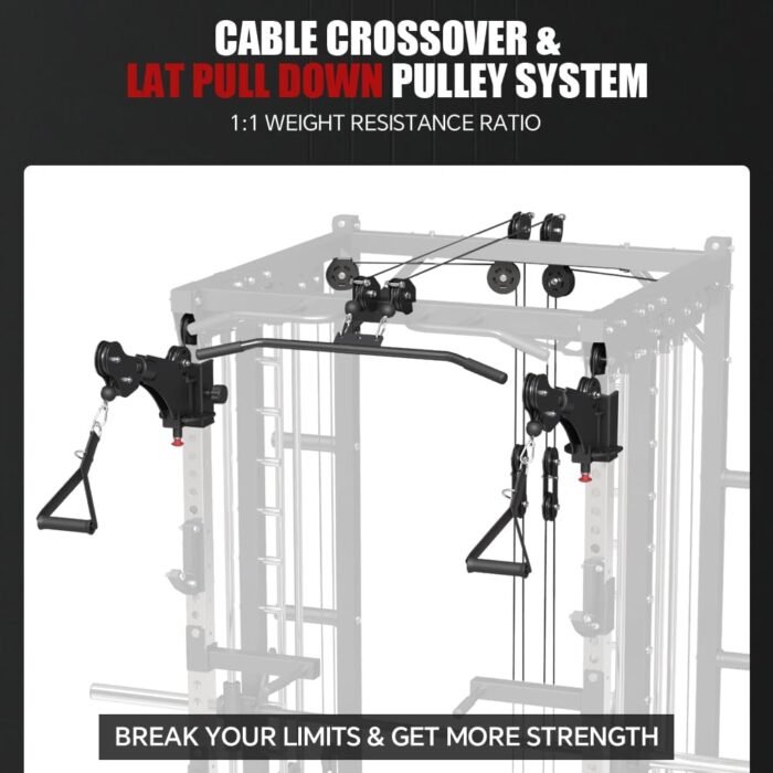 Commercial Smith Machine with Smith Bar, 4000LBS Power Cage Squat Rack with Lever Arm, Leg Press, LAT Pull Down System, Multi-Function Linear Bearing Cable Crossover Machine for Home Gym - Image 9