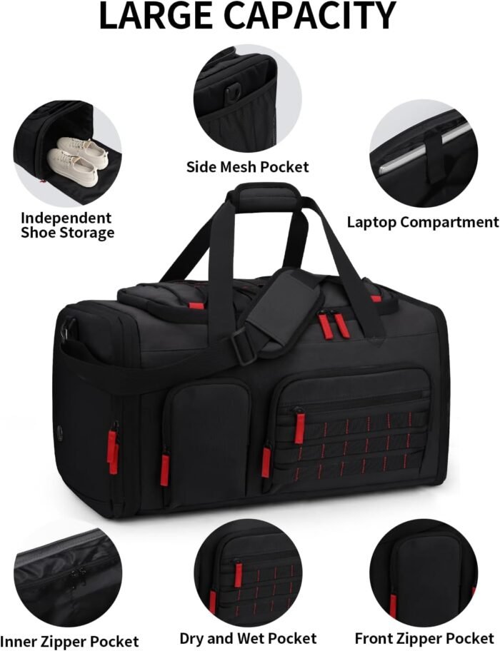Gym Bags for Men Women, 45L Sports Travel Duffle Bag with Shoe Compartment, 3 in 1 Weekener Overnight Backpack with Wet Pocket, Black - Image 5