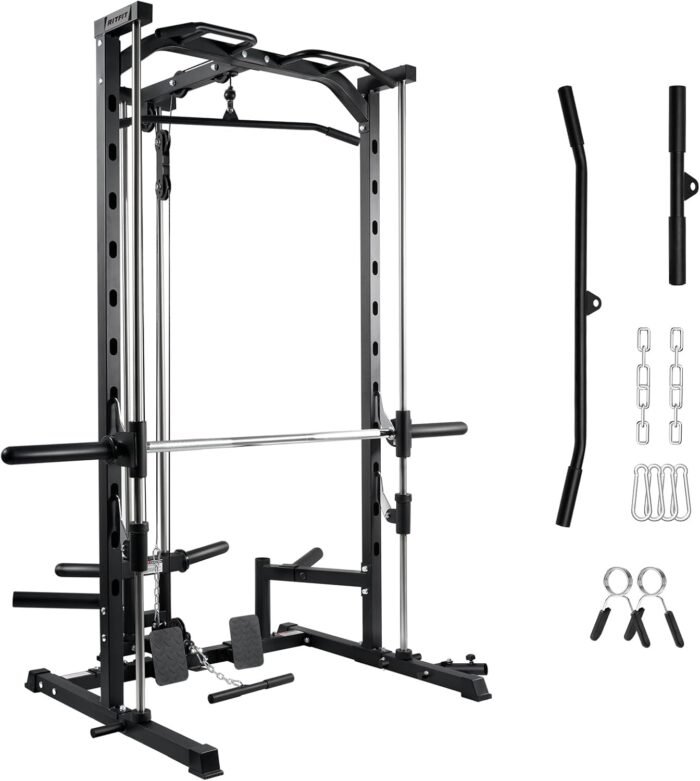 RitFit Smith Machine Power Rack with LAT-Pull Down System, Landmine, Barbell Bar, Plate Storage Pegs and More Training Attachment - Image 2
