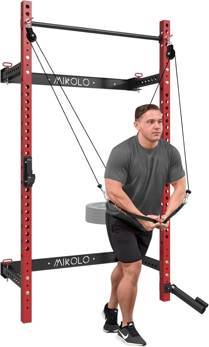 Mikolo Wall Mounted Squat Rack, Folding Power Rack with Lat Pulldown & Cable Crossover System, Power Cage with Pulley System for Home Gym - Image 2