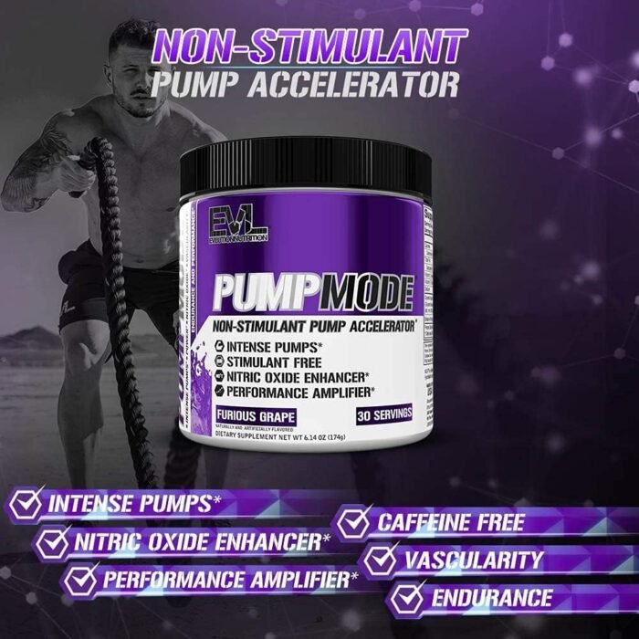 EVL PumpMode Nitric Oxide Supplement - Nitric Oxide Booster Pump Pre Workout Powder with Glycerol and Betaine for Muscle Recovery Growth and Endurance - Stim Free Pre Workout Drink (Furious Grape) - Image 6