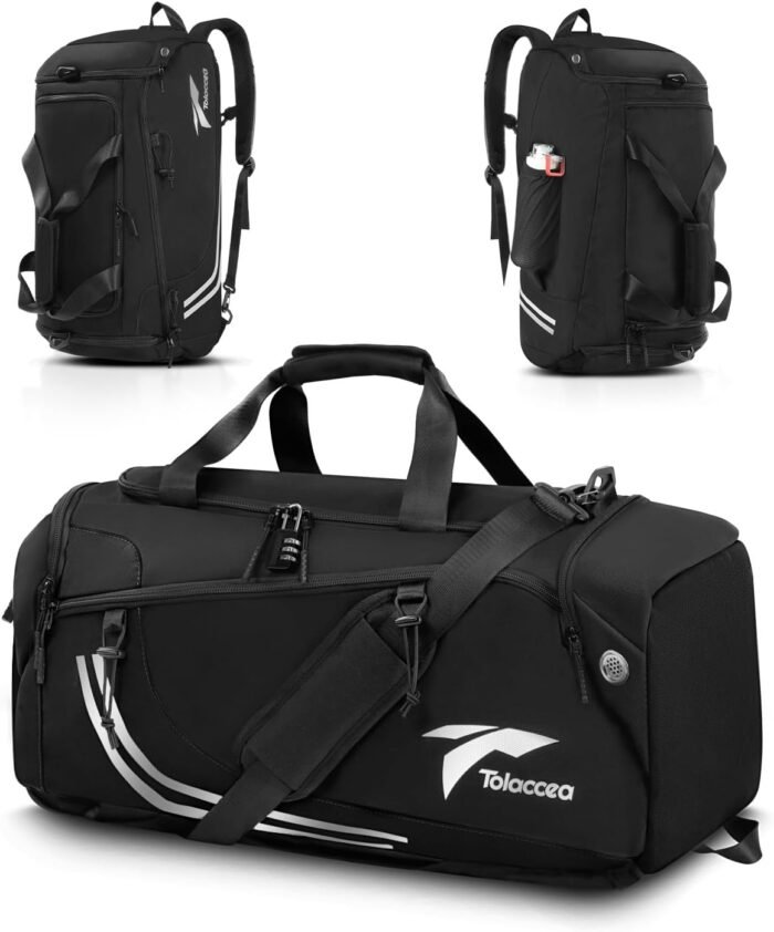 Tolaccea Gym Bags for Men Women, 45L Large Travel Duffel Bags with Shoe Compartment & Wet Pocket, Weekender Overnight Carry On Backpack Duffle Bag for Traveling Sports Workout (Black) - Image 2