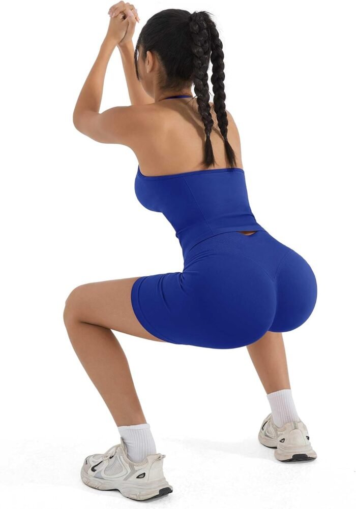 SUUKSESS Women Halter Backless Sports 2 Piece Sets Seamless Padded Ribbed Workout Set Gym Yoga Bra - Image 6