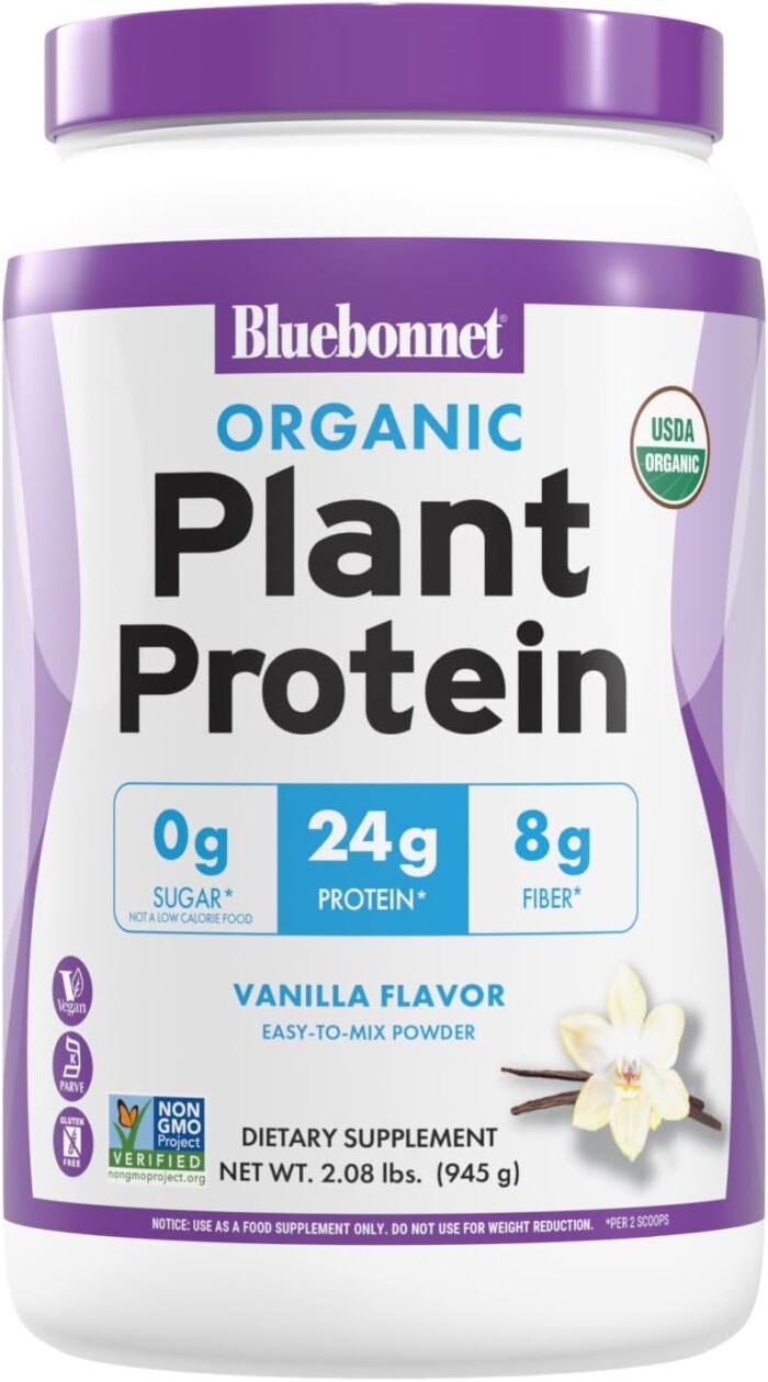 BlueBonnet Nutrition Organic Plant Protein Powder, 24g Plant Based Protein, Zero Sugar, 8g Fiber, USDA Organic, Non-GMO, Kosher, Gluten-Free, Soy-Free, Vegan, Vanilla Flavor, 21 Servings, 2.08 lbs - Image 2