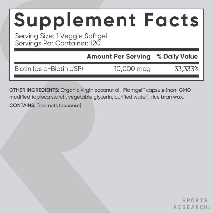 Sports Research® Biotin 10,000mcg with Organic Coconut Oil - Biotin (Vitamin B7) for Healthy Skin and Hair Support* - for Women and Men - Vegan, Non-GMO, Gluten & Soy-Free - 120 Veggie Softgels - Image 6