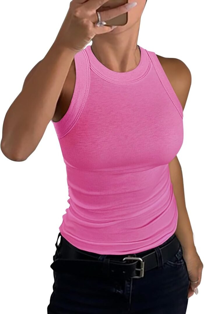 GEMBERA Womens Sleeveless Racerback High Neck Casual Basic Cotton Ribbed Fitted Tank Top - Image 2