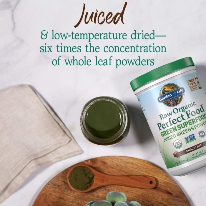 Garden of Life Raw Organic Perfect Food Green Superfood Juiced Greens Powder - Chocolate, 60 Servings, Non-GMO, Gluten Free, Vegan Whole Food Dietary Supplement, Plus Probiotics, Enzymes - Image 4