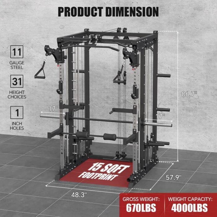 Commercial Smith Machine with Smith Bar, 4000LBS Power Cage Squat Rack with Lever Arm, Leg Press, LAT Pull Down System, Multi-Function Linear Bearing Cable Crossover Machine for Home Gym - Image 3