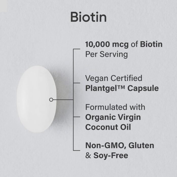 Sports Research® Biotin 10,000mcg with Organic Coconut Oil - Biotin (Vitamin B7) for Healthy Skin and Hair Support* - for Women and Men - Vegan, Non-GMO, Gluten & Soy-Free - 120 Veggie Softgels - Image 3