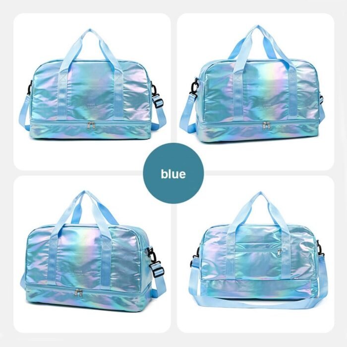 Holographic Shimmering Gym Duffle Bag with Shoes Compartment & Wet Pocket, Women Weekend Overnight Travel Bag Gymnastic Dance Bag for Girl (blue) - Image 3