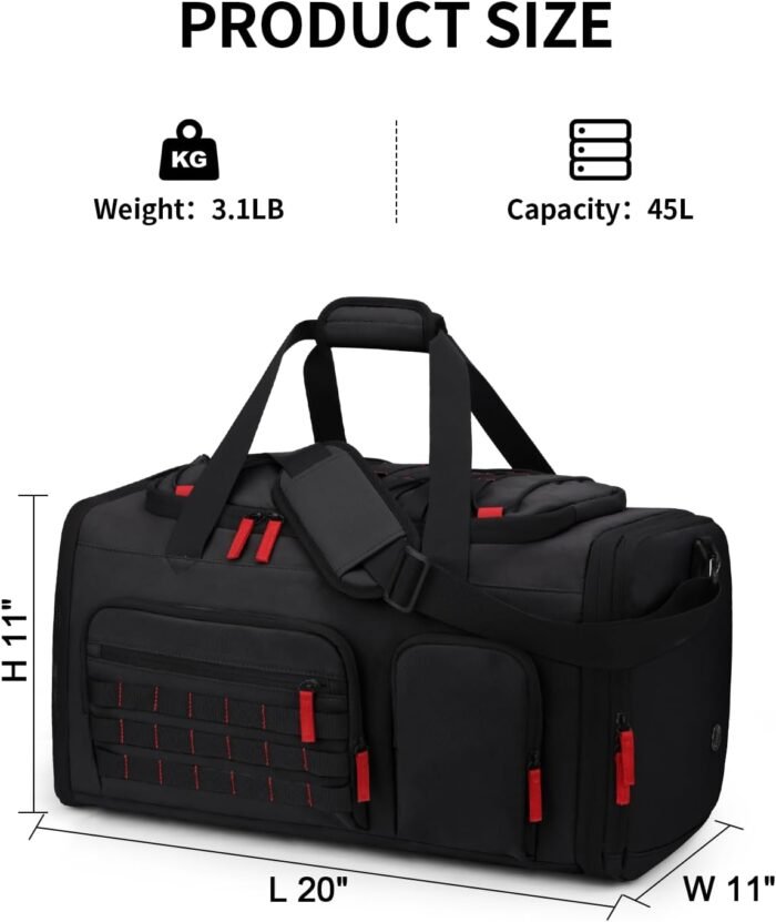 Gym Bags for Men Women, 45L Sports Travel Duffle Bag with Shoe Compartment, 3 in 1 Weekener Overnight Backpack with Wet Pocket, Black - Image 3