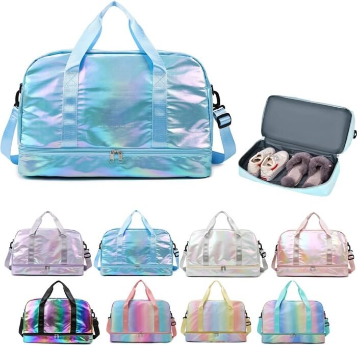 Holographic Shimmering Gym Duffle Bag with Shoes Compartment & Wet Pocket, Women Weekend Overnight Travel Bag Gymnastic Dance Bag for Girl (blue) - Image 2