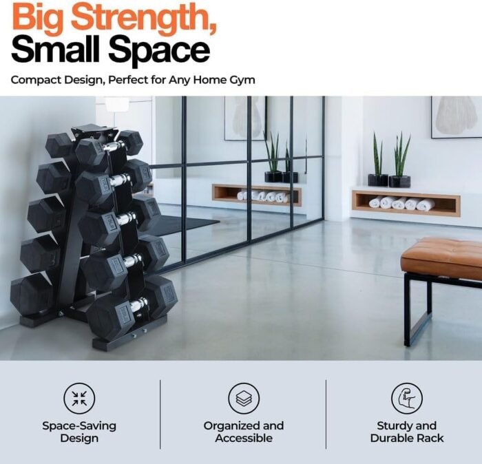 Weights Dumbbells Set with Rack - 150 lb Rubber-Coated Dumbbells for Easy Grip | Durable Carbon for Strength Training | Essential Workout Equipment for All Fitness Levels - Image 3