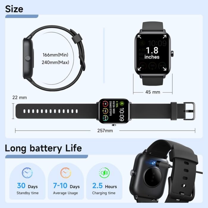 Smart Watches for Men Women Android & iPhone, Alexa Built-in, 1.85" Fitness Tracker with Answer/Make Calls, IP68 Waterproof Fitness Watch,Heart Rate, Sleep, SpO2 Monitor,Pedometer, Black - Image 9