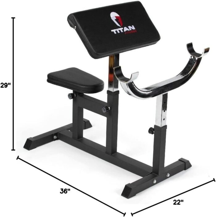 Titan Fitness Adjustable Preacher Curl Weight Station, 250 LB Capacity, Adjustable Bench Seat, Adjustable Arm Rest, Durable Bar Catches, Seated Home Gym Barbell and Dumbbell Biceps Station - Image 11