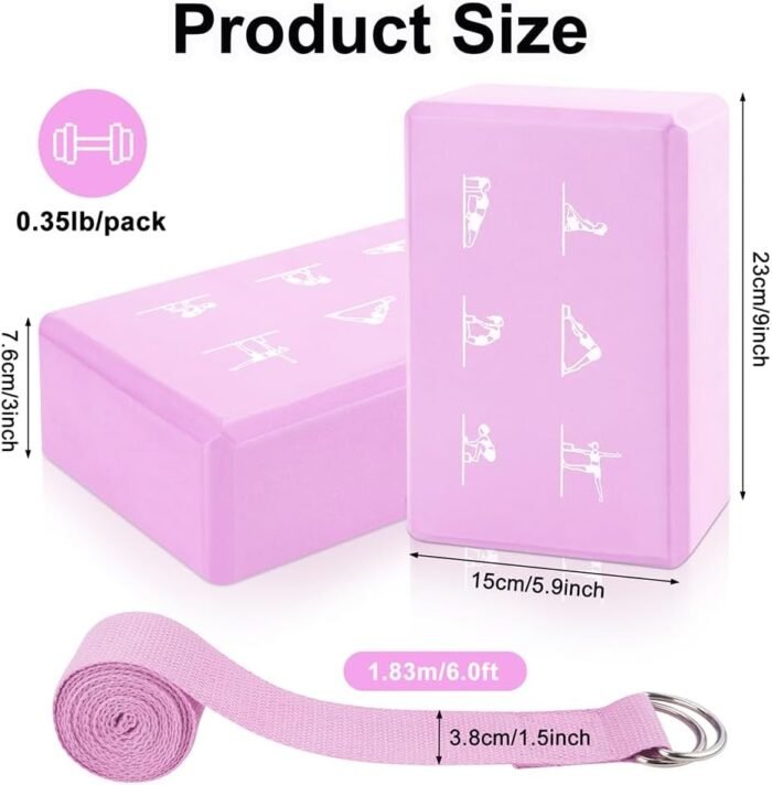2 Yoga Block and Yoga Strap Set, FHDUSRYO High Density EVA Foam Blocks, Non-slip Yoga Bricks with 6ft Strap, Supportive Latex-Free Yoga Block Kit to Improve Balance and Flexibility - Image 3
