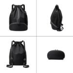 Black Drawstring Gym Bag for Men, Waterproof Drawstring Backpack for Women, Swim Bag with Shoes Compartment, Pull String Sport Bag for Soccer and Basketball. - Image 3
