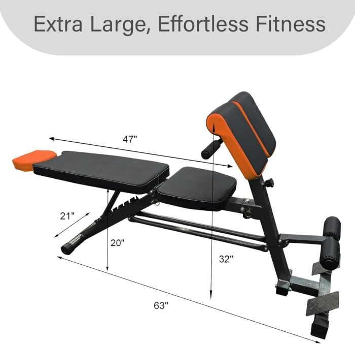 Adjustable Weight Bench 1000LBS– Multi-Functional Full Body Workout Equipment: Hyperextension, Roman Chair, Sit-Up Bench, Incline & Decline Bench, Flat Bench For Home Gym (Black and Orange) - Image 6