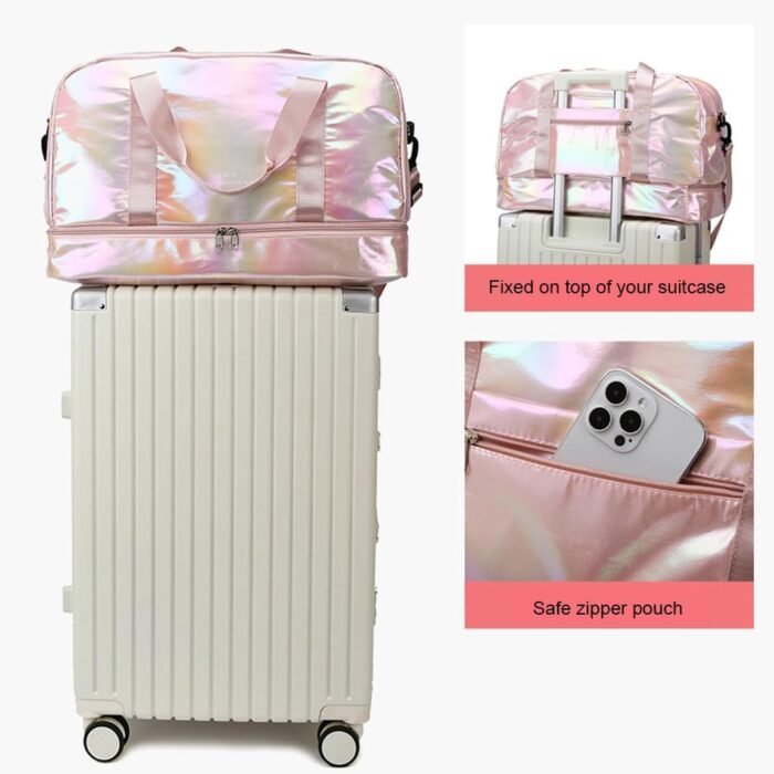 Holographic Shimmering Gym Duffle Bag with Shoes Compartment & Wet Pocket, Women Weekend Overnight Travel Bag Gymnastic Dance Bag for Girl (blue) - Image 7