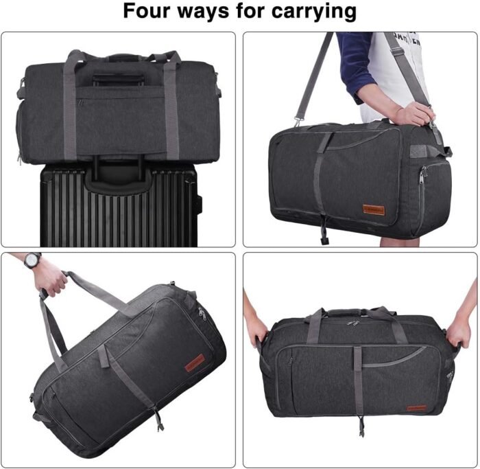 Canway 65L Travel Duffel Bag, Foldable Weekender Bag with Shoes Compartment for Men Women Water-proof & Tear Resistant (Panther Black, 65L) - Image 4