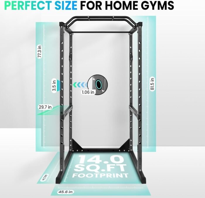 HUYUTT Power Cage, 1200LB Squat Rack with 14-Hole Pull-Up Bar, 2 Steel Frame, Adjustable J-Hooks and Safety Bars, for Home Gym Strength Training, Black - Image 8