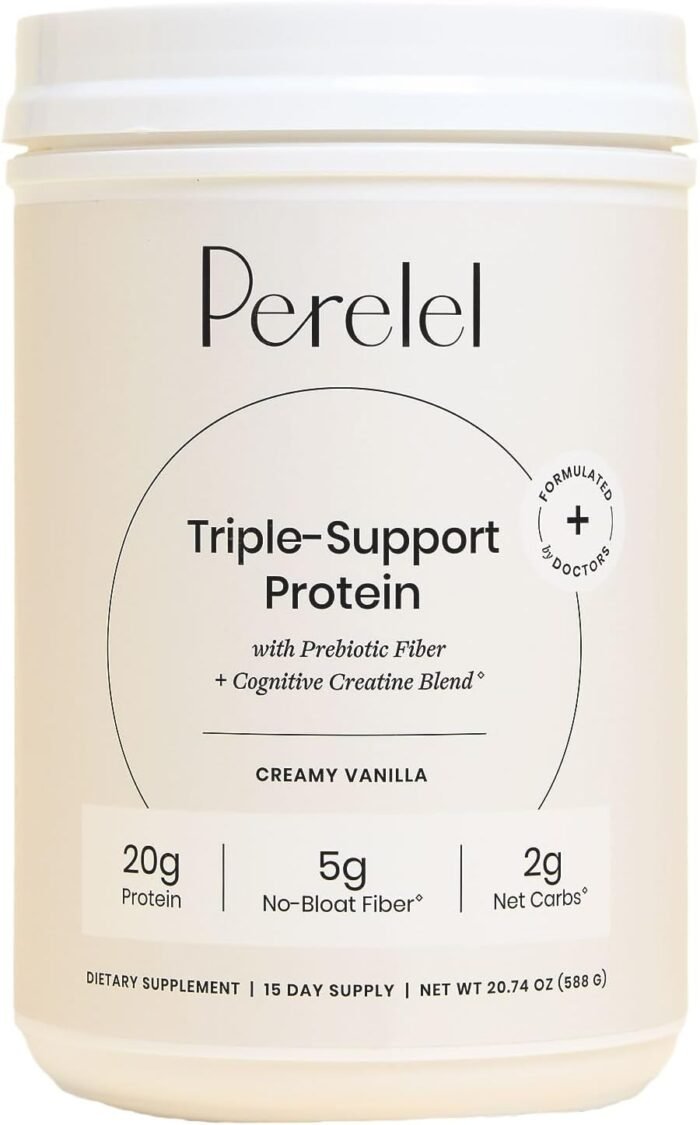Perelel Triple-Support Plant Based Protein Powder, Creamy Vanilla, 20g Vegan Protein Powder, 3g Creatine Monohydrate, & 5g Prebiotic Fiber per Serving, Dairy Free, No Sugar Added, 15 Day Supply - Image 2