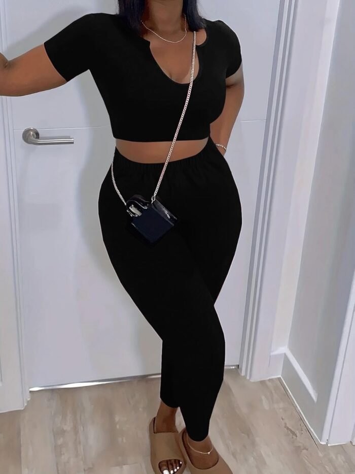 Nimsruc 2 Piece Sets For Women Sexy Casual Workout Crop Short Sleeve Long pants Leggings Sets Summer Active Wear - Image 3