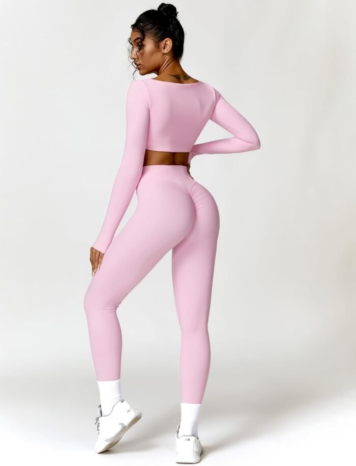 ABOCIW Workout Sets for Women 2 Piece Square Neck Long Sleeve Crop Tops High Waist Flared Leggings Gym Sets - Image 5