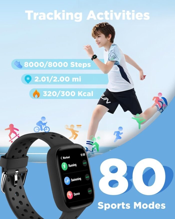BIGGERFIVE Smart Watch for Kids, 1.8" Fitness Tracker Watch Pedometer, Heart Rate, Sleep Monitor, IP68 Waterproof, Calorie Step Counter, Puzzle Games with/Without APP for Girls Boys Teens 5-16, Black - Image 4