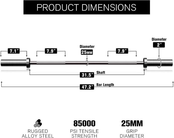 RITFIT Olympic Barbell 4ft/4.8ft/6ft - 2 Inch Weight Bar for Strength Training, Weightlifting, Squat, Deadlift, Bench Press, Curl, Overhead Press - 350lbs/500lbs Capacity 4FT Silver - Image 4