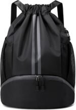 Black Drawstring Gym Bag for Men, Waterproof Drawstring Backpack for Women, Swim Bag with Shoes Compartment, Pull String Sport Bag for Soccer and Basketball. - Image 2