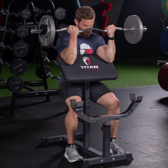 Titan Fitness Adjustable Preacher Curl Weight Station, 250 LB Capacity, Adjustable Bench Seat, Adjustable Arm Rest, Durable Bar Catches, Seated Home Gym Barbell and Dumbbell Biceps Station - Image 4