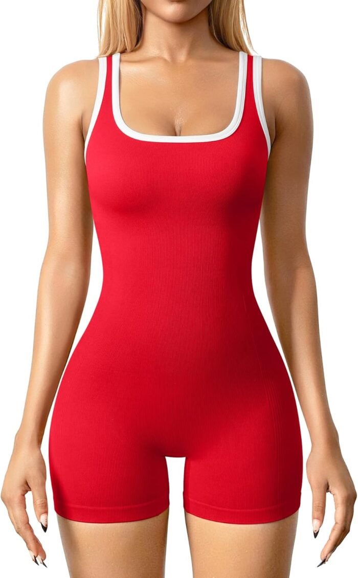 OQQ Women Rompers Sleeveless Square Neck Stretch Contrast Workout Active Tank Romper - Image 2