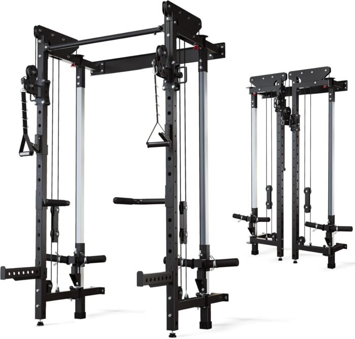 Folding Squat Rack - Wall Mounted Power Rack Cage with Cable Crossover Machine & LAT Pull Down - Functional Home Gym Trainer with 5 Adjustable Modes - with Safety Arm and Dips Attachment - Image 2