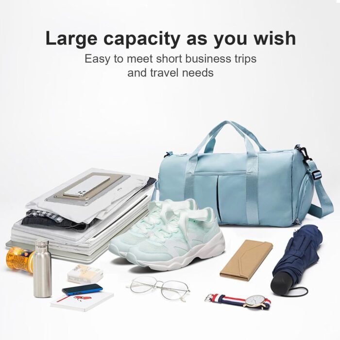 ZGWJ Sports Gym Bag with Wet Pocket & Shoes Compartment, Waterproof Shoulder Weekender Bag for Women and Men Swim Sports Travel Gym Bag Lightweight and easy Carry on Light Blue - Image 5