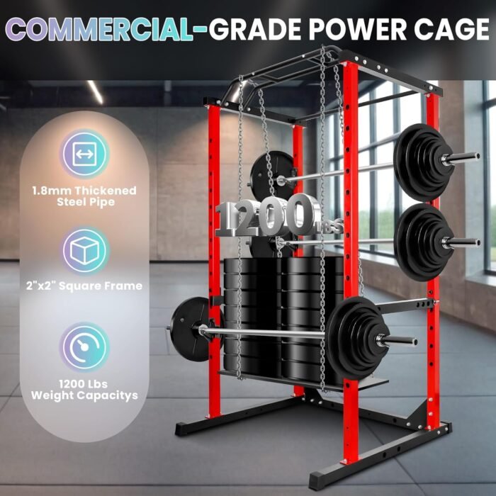 Multi-Function Squat Rack Power Cage for Home Gym, 1200 Lbs Weight Capacity Workout Cage, Strength Training Power Cages with 14 Height Adjustments, Protection Arms and J-Hooks - Image 7