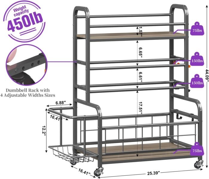 Homeiju 450LBS Dumbbell Rack,Weight Rack for Dumbbells,Weight Rack for Home Gym,Home Gym Storage for Strength Training Dumbbell Racks Stand with Wheels&Hooks - Image 7