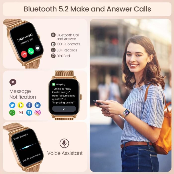 Smart Watches for Women Android iOS Phones: Gold Smartwatch for Women 1.83" Touchscreen with Answer/Make Call Waterproof Heart Rate Blood Pressure Sleep Sport Alarm Pedometer Calorie Fitness Tracker - Image 5