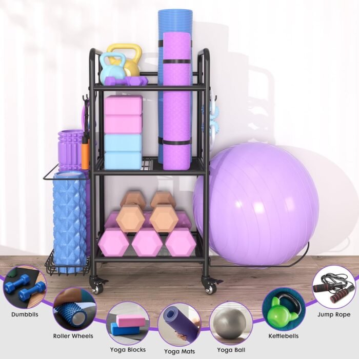 Home Gym Storage Rack Exercise Equipment Storage Organizer for Yoga Mat Dumbbells Kettlebells Foam Roller Yoga Strap & Resistance Bands, Ideal Yoga Mat Holder & Workout Equipment Organizer - Image 5