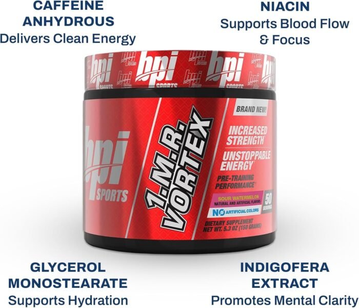BPI Sports 1.M.R Vortex Pre Workout Powder – High Stim Preworkout for Men & Women with Glycerol, Caffeine, Niacin, and Herbal Extracts – Energy, Focus & Endurance – Sour Watermelon – 50 Servings - Image 4
