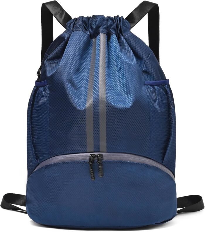Drawstring Gym Bag for Men, Waterproof Drawstring Backpack for Women, Swim Backpack with Shoes Compartment, Pull String Sport Bag for Soccer and Basketball. (Dark Blue) - Image 2