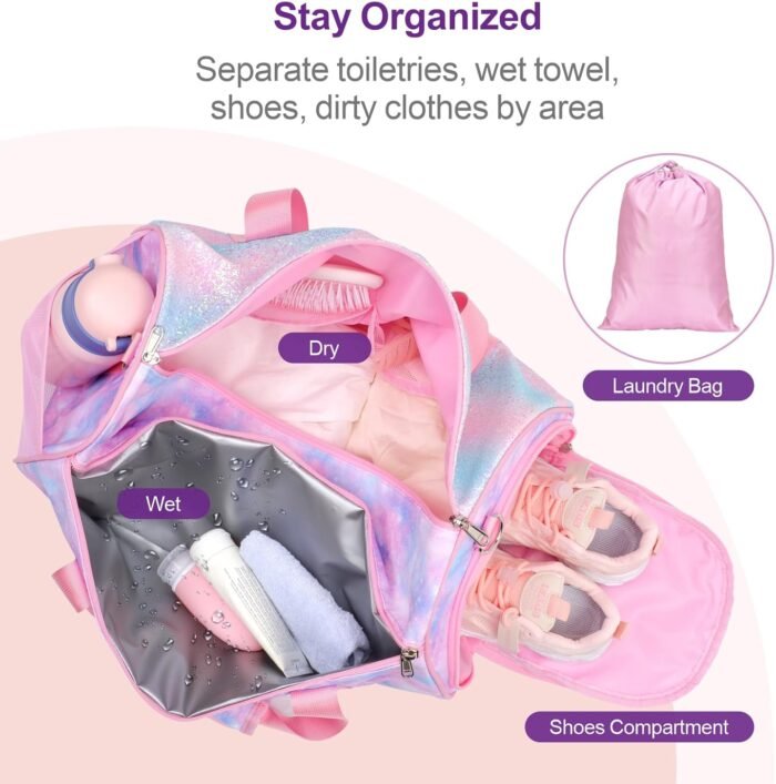 Bagseri Duffel Bags for Kids - Girls Dance Bag Ballet Tote, Waterproof Sports Gymnastics Bag for Overnight with Shoe Compartment and Dry Wet Separation Pockets (Tie-dye,Pink) - Image 4