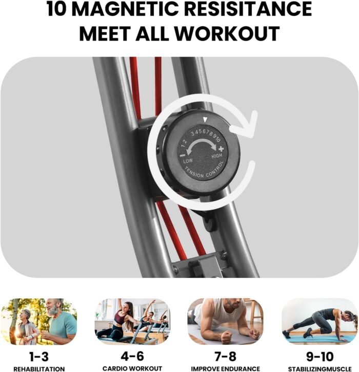 Exercise Bike Stationary Bike Folding Exercise Bike with 10 Level Adjustable Magentic Resistance Support Back Pad and Phone/Tablet Holder Arm Resistance Band Pulse Sensor LCD Monitor for Home Workout 265 LB Capacity - Image 4