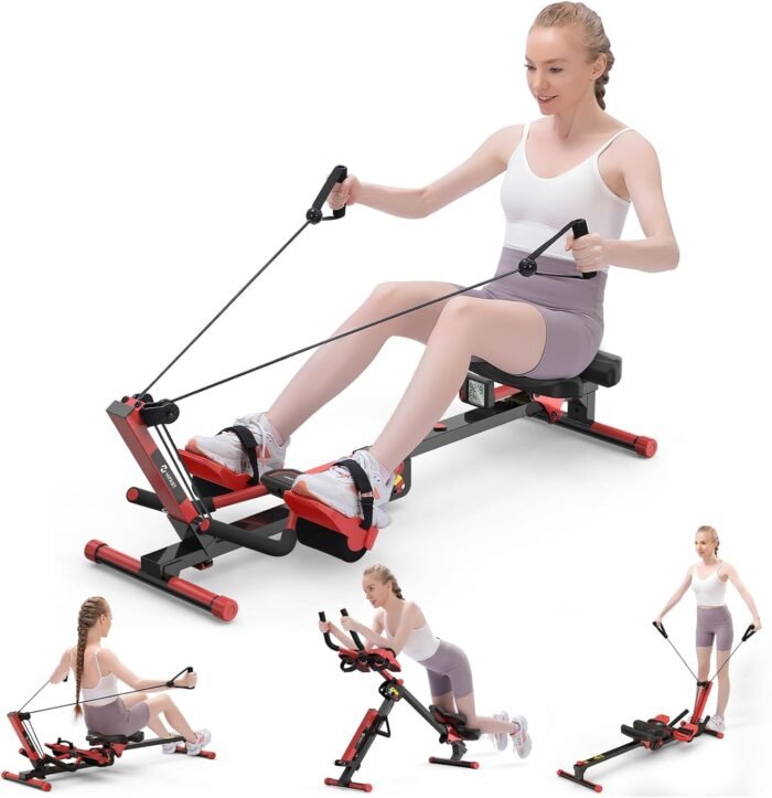 Rowing Machine, 4 in 1 Rowing and Ab Machine with 2 Levels of Workout Resistance, Quiet & Foldable Rower Machine with 3 Adjustable Handle Heights & LCD Monitor, Row Machine for Home Exercise - Image 2