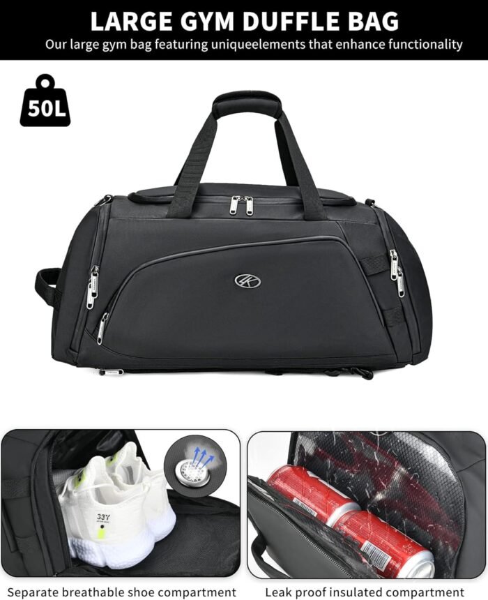 LOKASS Gym Bag for Men/Women-Duffle Sports Bag with Shoe Compartment, Carry On Weekender/Overnight Bag, Waterproof Gym Backpack Travel Bag for Camping (Black，Large) - Image 6