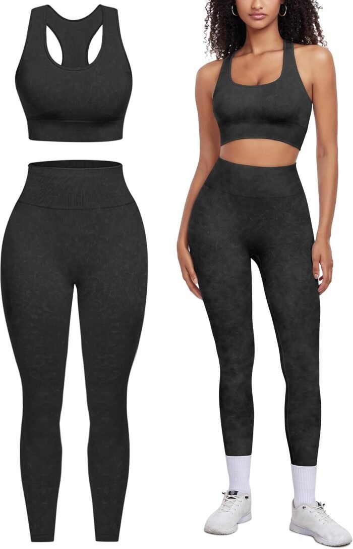 OLCHEE Womens Workout Sets 2 Piece - Acid Wash Seamless Yoga Outfits High Waist Leggings Padded Racerback Sports Bra Gym Set - Image 2