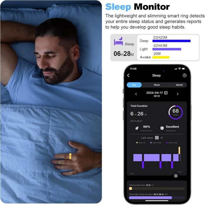 Smart Ring Health Tracker for Men/Women,Fitness Ring Sleep Tracker,Fast Charging for Long-Lasting Use,for Pedometer Exercise,Monitor Sleep, Heart Rate, Stress,Waterproof (Gold, 10) - Image 5