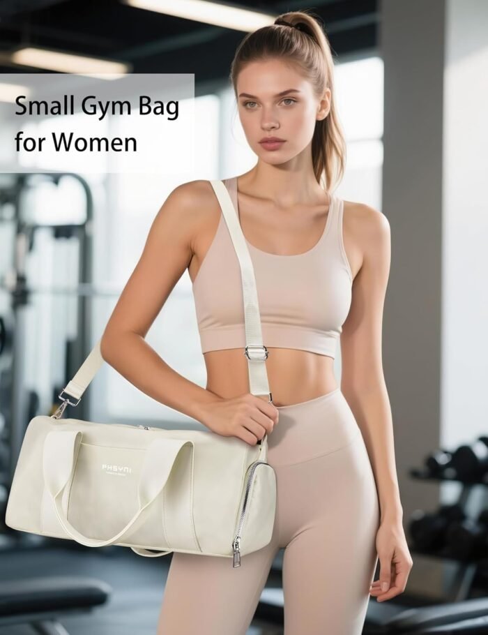 Compact Sports Gym Bag for Women, Cute Mini Duffle Bag with Wet Pocket & Shoes Compartment, Personal Item Travel Workout Bag, 16"-Small, Beige - Image 6