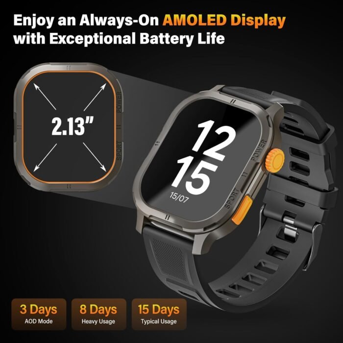Smart Watch, Activity Tracker, Heart Rate Monitor, Voice Control, Notifications, Cycle Tracking, Time Display, Phone Call, Alarm Clock 2.13‘’ AMOLED 5ATM Waterproof 45mm N M (Tactical, Black) - Image 4